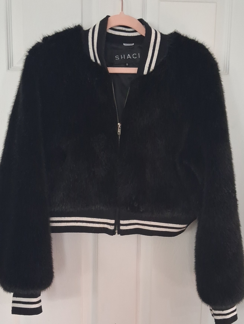 Black Faux-Fur Bomber Jacket with Contrasting Stripe Trim